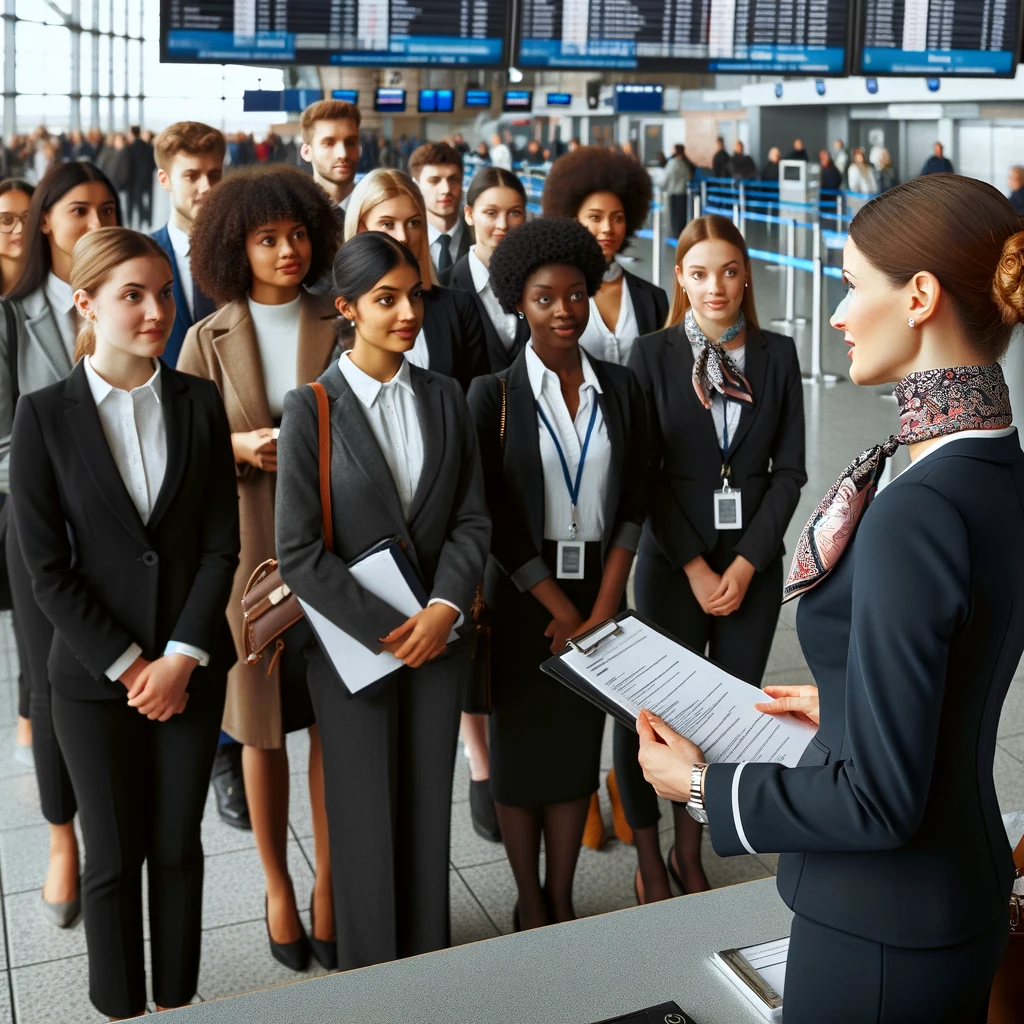 Dans un aéroport, un groupe diversifié de jeunes candidats, principalement des femmes, y compris des Noirs et d'autres personnes de couleur, sont alignés face une agent d'escale