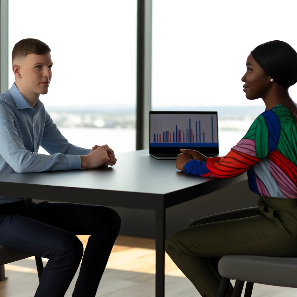Dans un bureau moderne, un jeune homme blanc et une femme noire à la peau plus claire sont assis à deux mètres l'un de l'autre, face à face sur une grande tablette rectangulaire.
